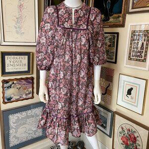70s Vintage Roulette Juniors Purple and White Floral Semi-Sheer Peasant Dress S